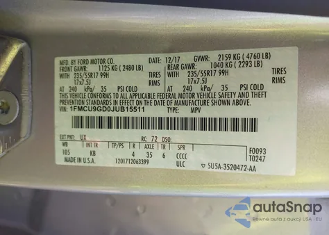 2018 Ford Escape Se z USA, uszkodzony, nr VIN 1FMCU9GD0JUB15511